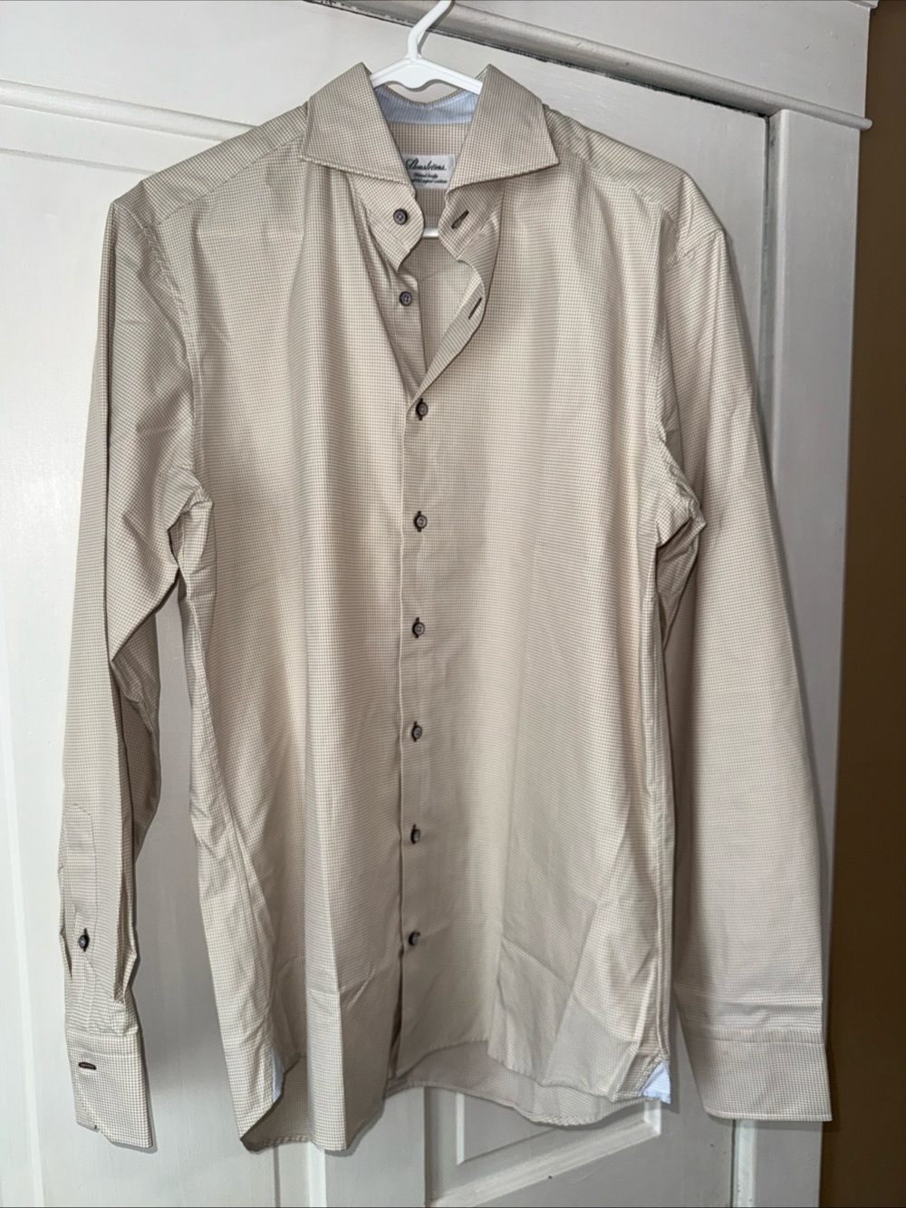 Men's Beige Long-Sleeve Dress Shirt with Spread Collar
